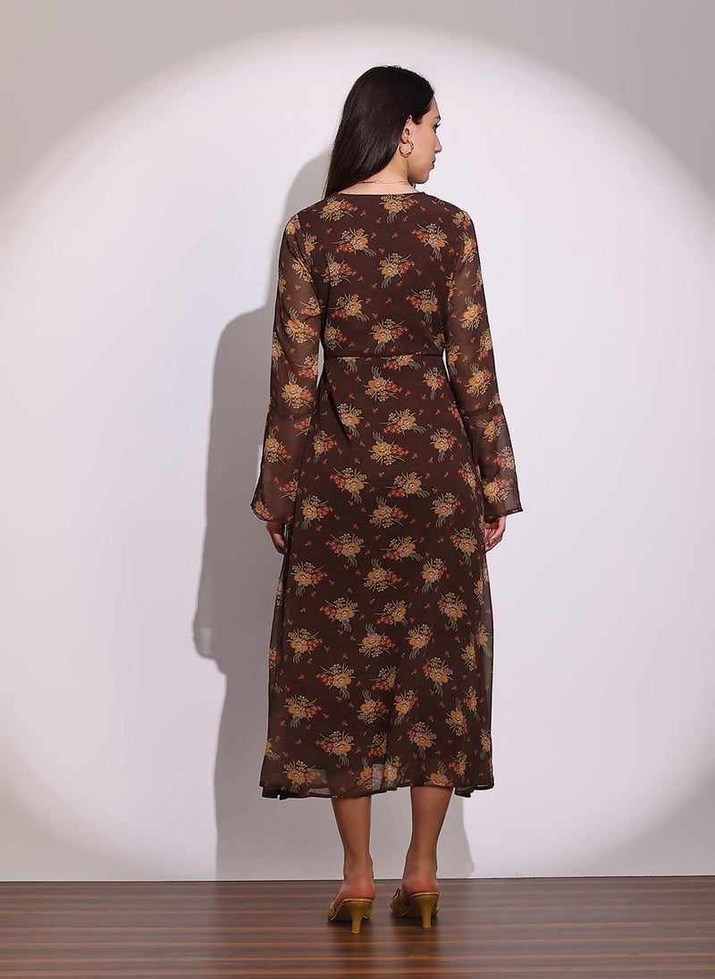 Globus Women Brown V-Neck Bell Sleeves Floral Print Georgette Midi A-Line Dress - Image 4